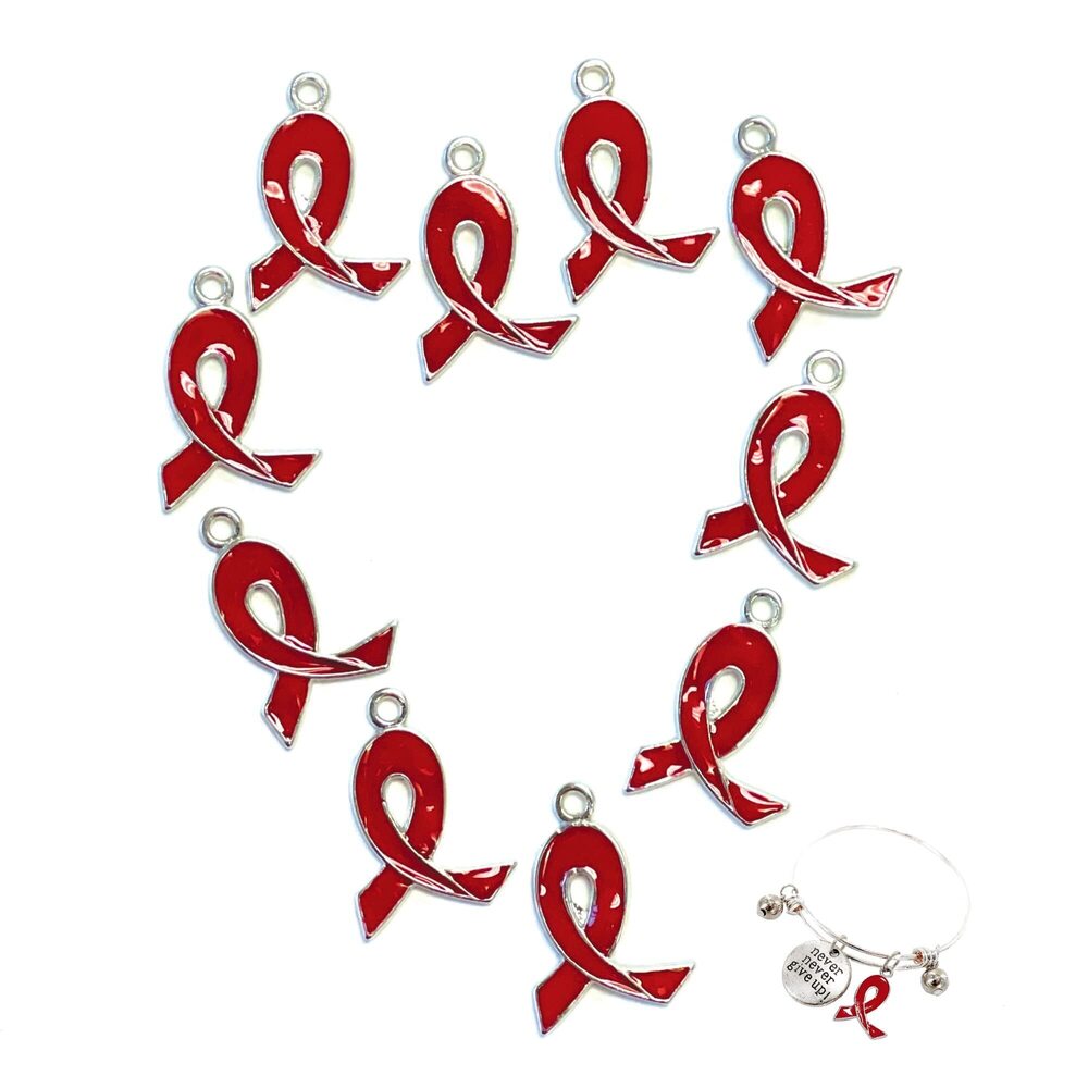 2149 Ribbon Charms For Jewelry Making, Red Ribbon Cancer AIDS Alcohol Drug